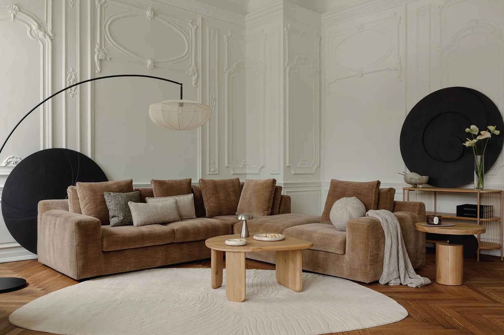 Cortona Modulsofa in sandfarbenem Chenille mit Chaise