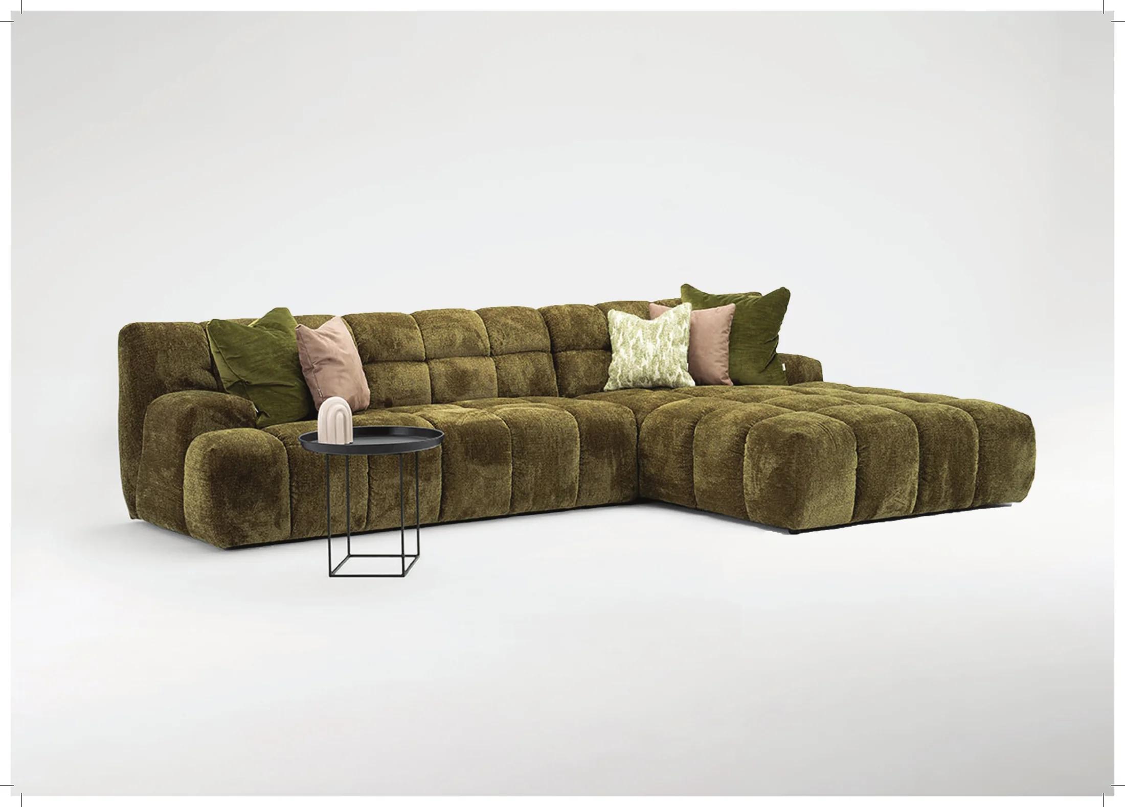 Modulare Toscana Deep-Lounge in Olive-Velours mit Eckelement und Beistelltisch